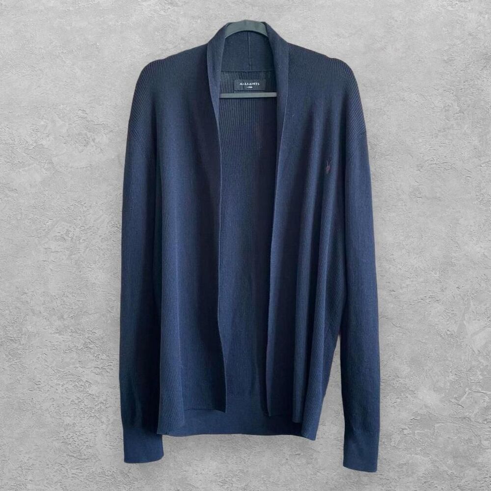 ALLSAINTS Merino Wool Open Cardigan Womens L Navy Minimalist Indie Sleaze